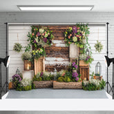 Lofaris Wood Wall Floral Greenery Spring Photography Backdrop
